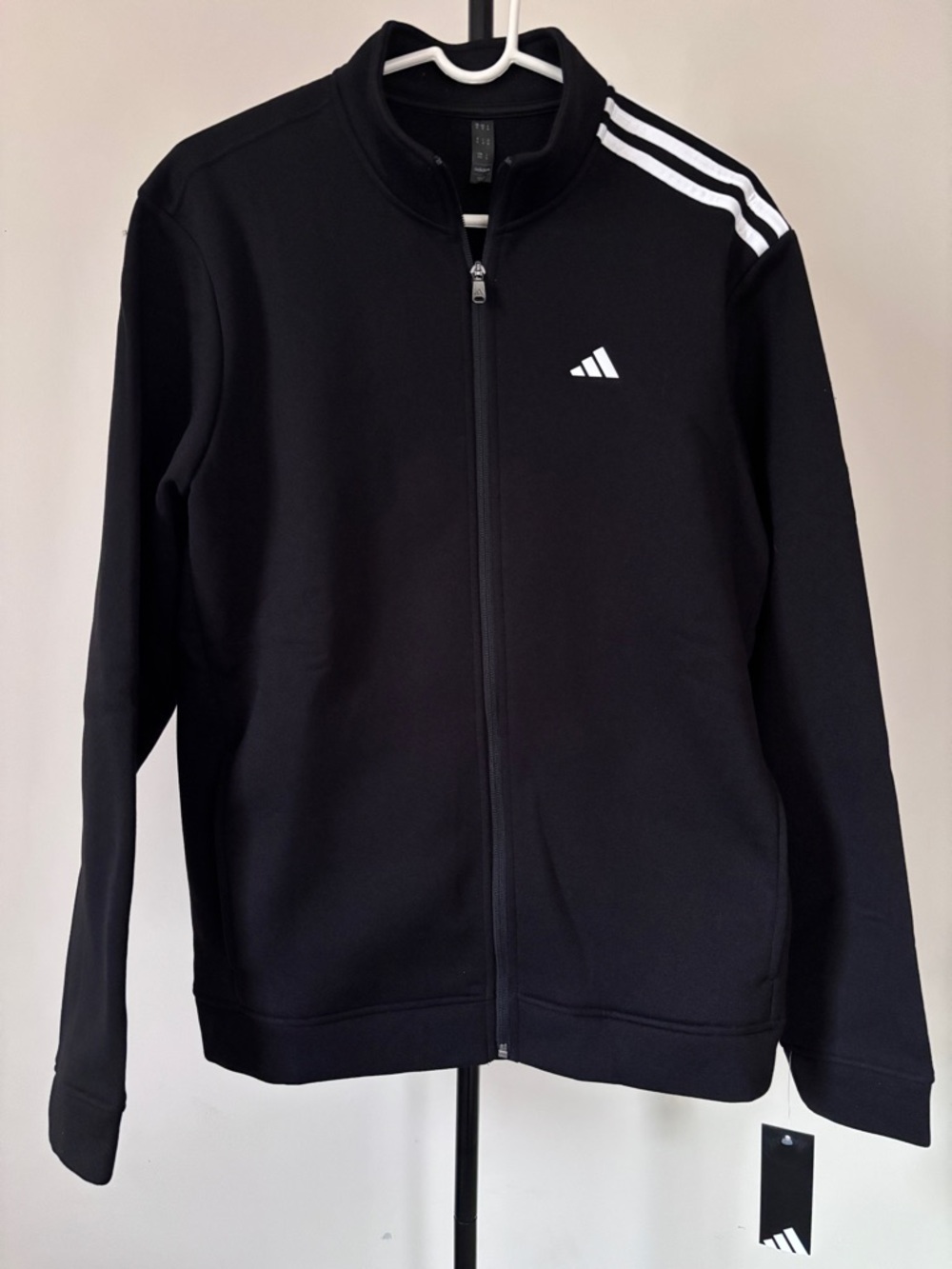 adidas Black Zip-Up Fleece Jacket with White Shoulder Stripes